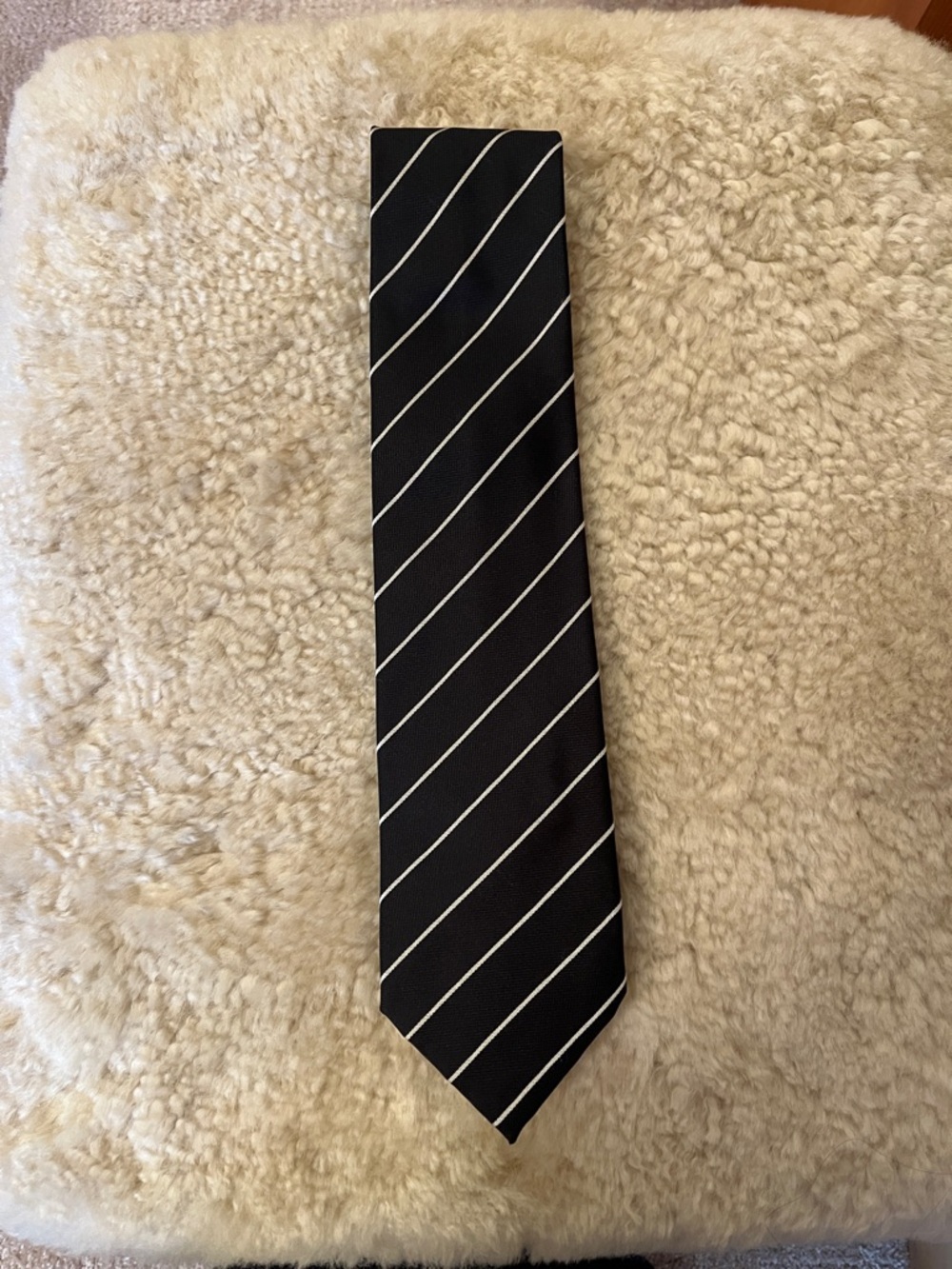 Brioni Black Silk Tie with White Diagonal Stripes